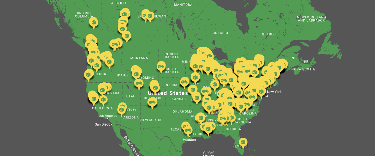 map of the united states with yellow pins to show farms