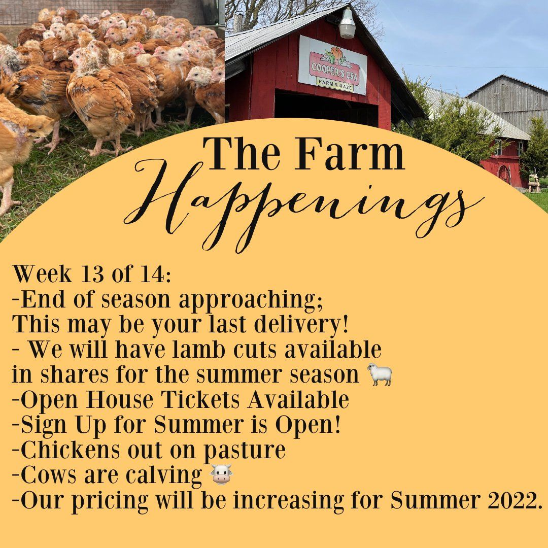 Next Happening: "Pasture Meat Shares"-Coopers CSA Farm Farm Happenings May 10-14th: Week 13