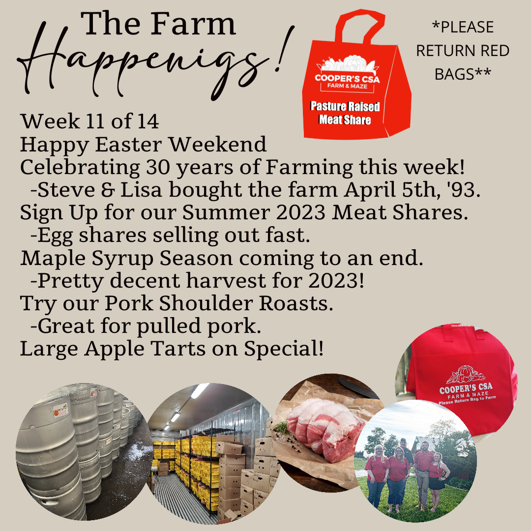 Next Happening: "Pasture Meat Shares"-Coopers CSA Farm Farm Happenings Week 11